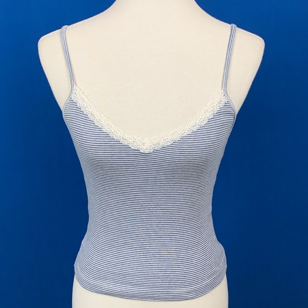 Brandy Melville Striped Blue and White Lace Trim Tank Top